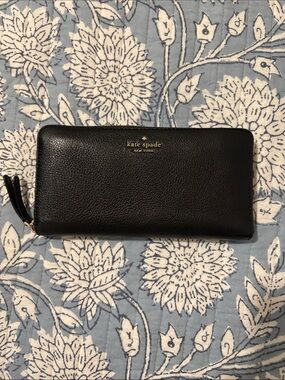kate spade Black Leather Zip-Around Wallet with Gold Logo